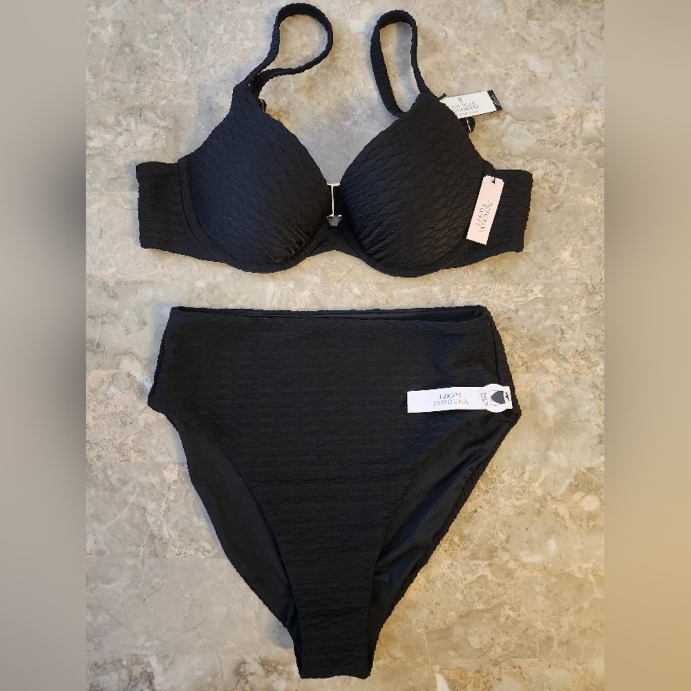 34B/XS VS Swim Icon PushUp Bikini Top HighWaist Full Coverage Bikini Set Black